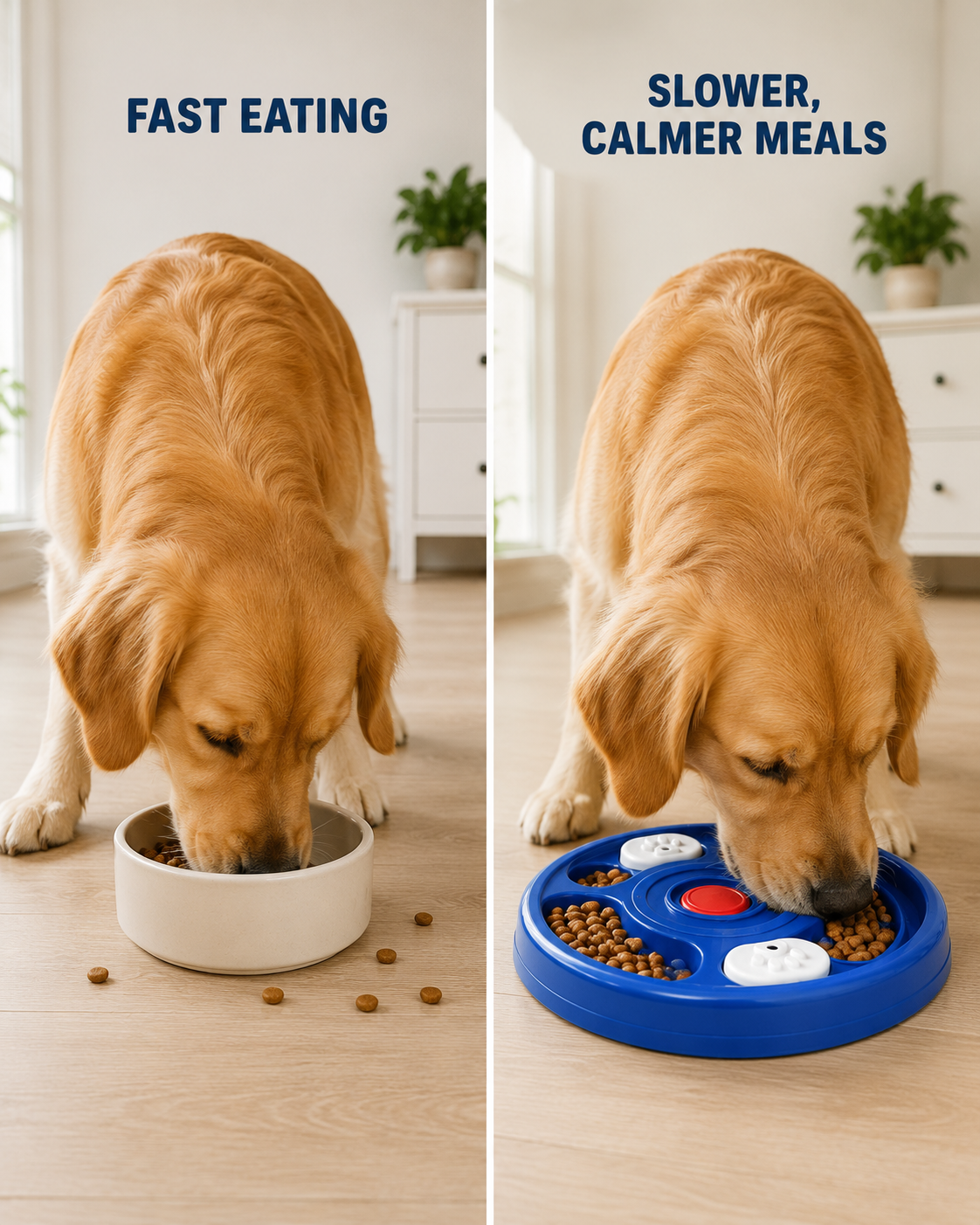 Before and after showing a faster meal and a slower Woufie meal