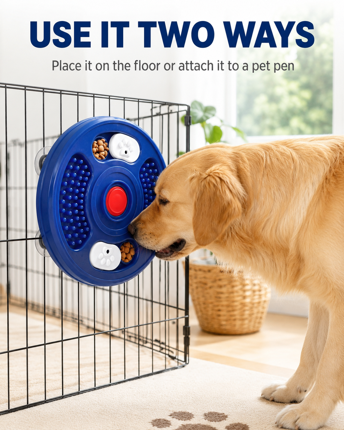 Woufie bowl mounted near a pet pen